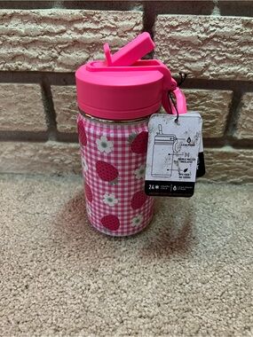 14 oz Hydrapeak Hot Pink Gingham Strawberry & Daisy Water Bottle